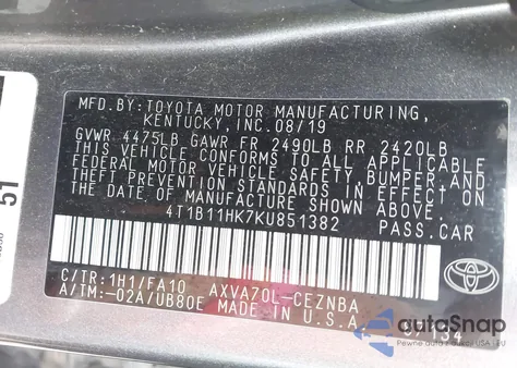 2019 Toyota Camry Le from USA, damaged, VIN 4T1B11HK7KU851382